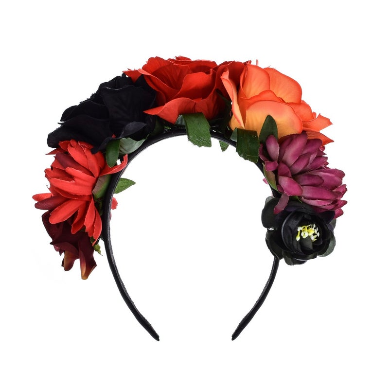 June Bloomy Day of the Dead Headpiece Halloween Costume Headpiece Mexican Floral Crown Rose Headband (Black Red Orange) - Image 1